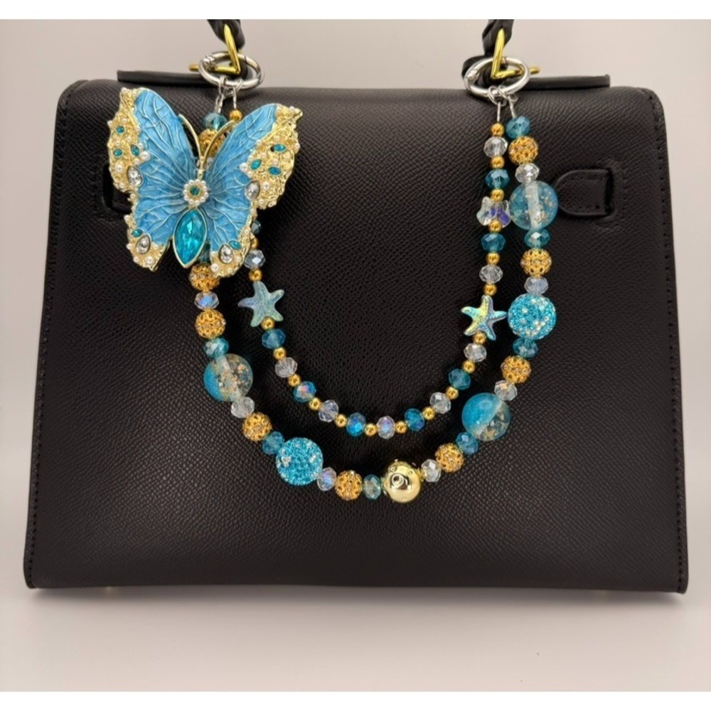Blue Butterfly Bag Charm Beaded Purse Charm Crystal Rhinestone Gold Keychain